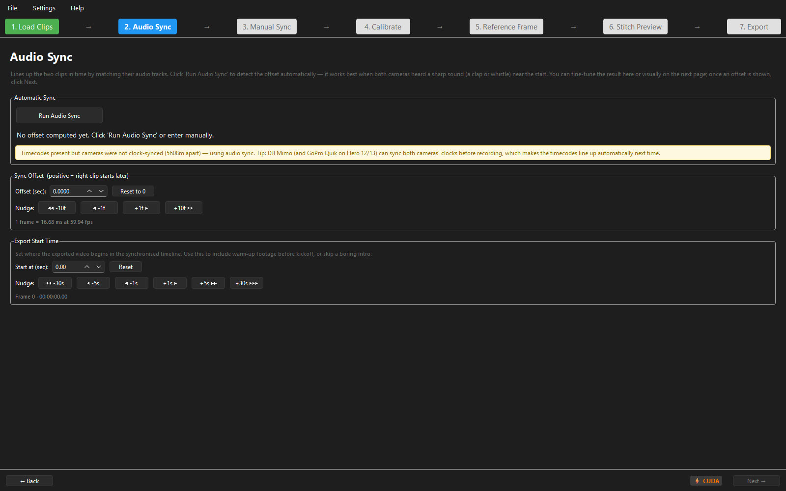 Audio Sync step: clap detection in both audio tracks with a timecode agreement readout