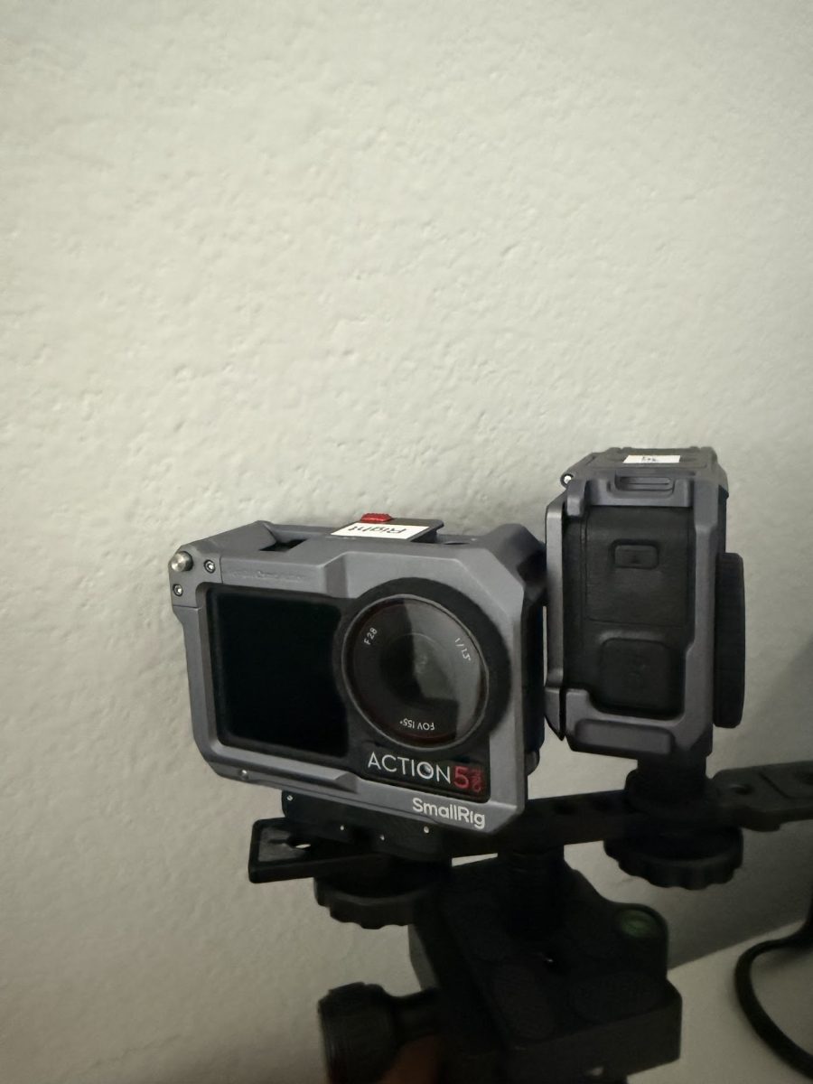 Front view of the camera pair with a piece of tape labeled Right stuck on the first camera